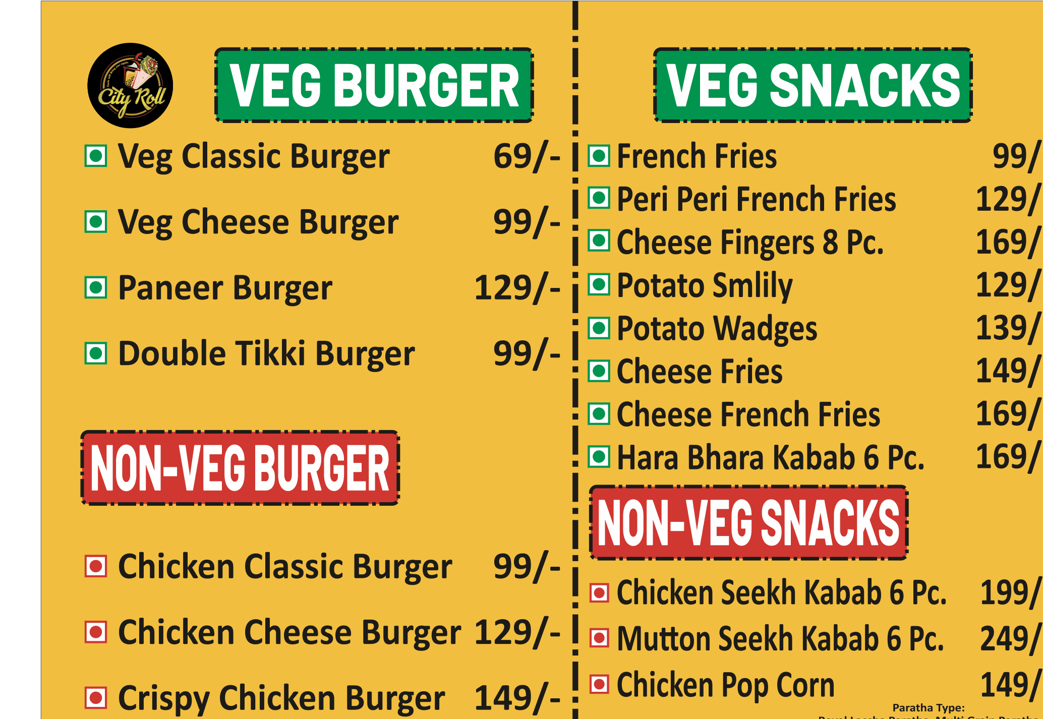 Burgers and Snacks menu board